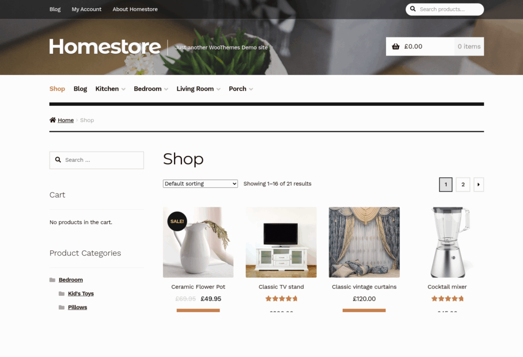 Demo of the default WooCommerce store front