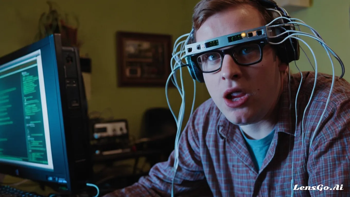 Stupid looking nerd having his brain wired to his computer