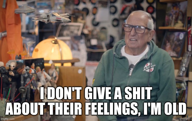Screenshot from the Internet film What is a woman, where an elderly store owners says I don't give a shit about their feelings, I'm old