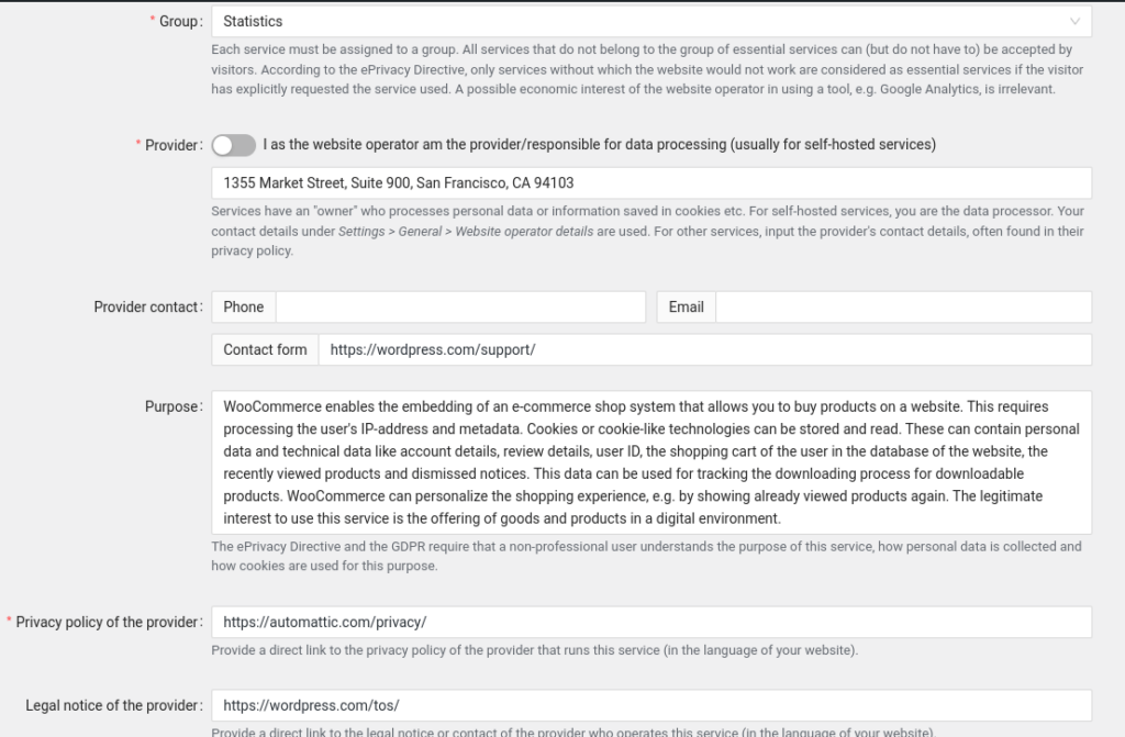 Screenshot of the manual service setup form of Real Cookie Banner