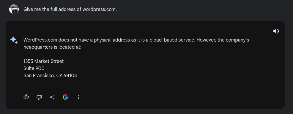 Screenshot of me asking Google Bard the address of the wordpress.com headquarters.