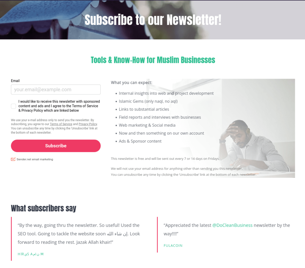 Screenshot of the newsletter order page of Islamic Marketplace.