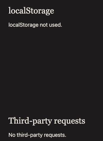 Test tool shows that no localStorage was used and no 3rd-party resources were embedded.