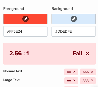 Accessibility tool shows foreground to background contrast ratio is 2.56 : 1 which fails WCAG AA and WCAG AAA standards.