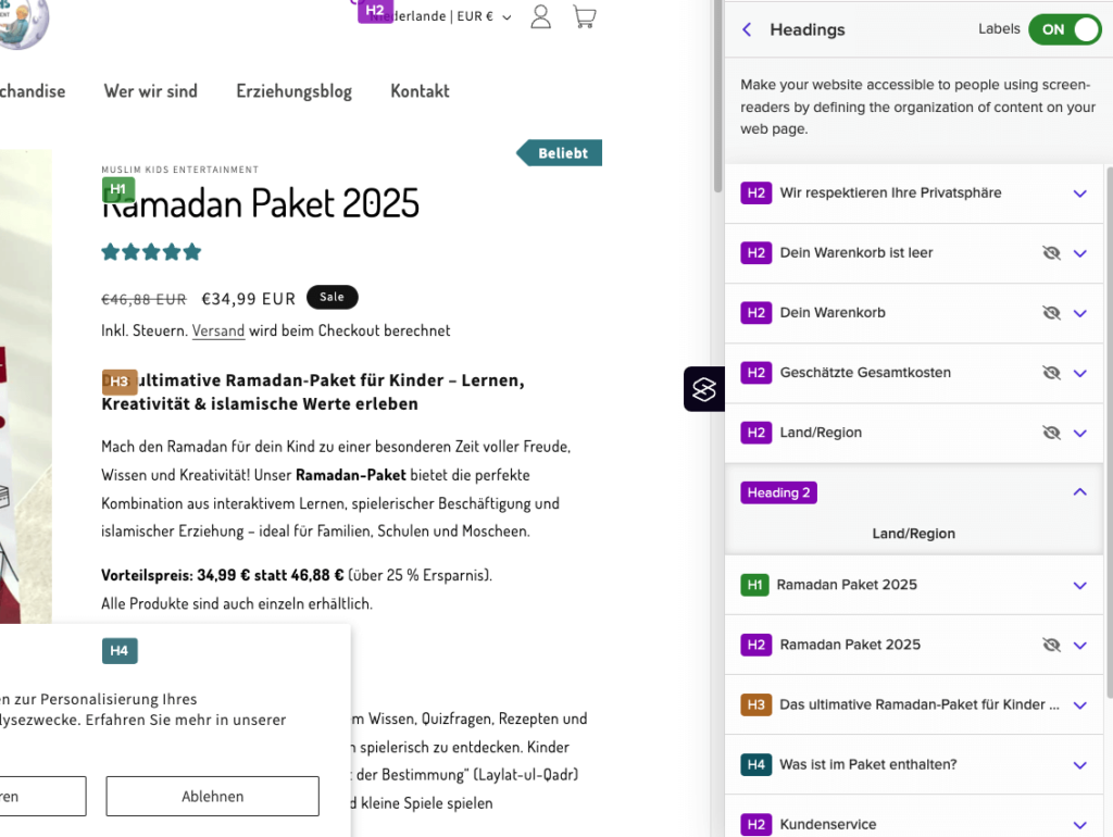 Heading structure on product detail page
