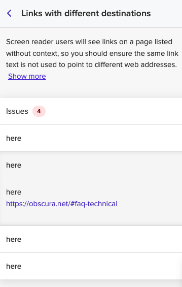 Screenshot shows 4 links found with the link title here leading to different targets.