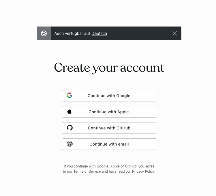 Screenshot of the page after the Call-to-action button is clicked on the wordpress.com homepage
