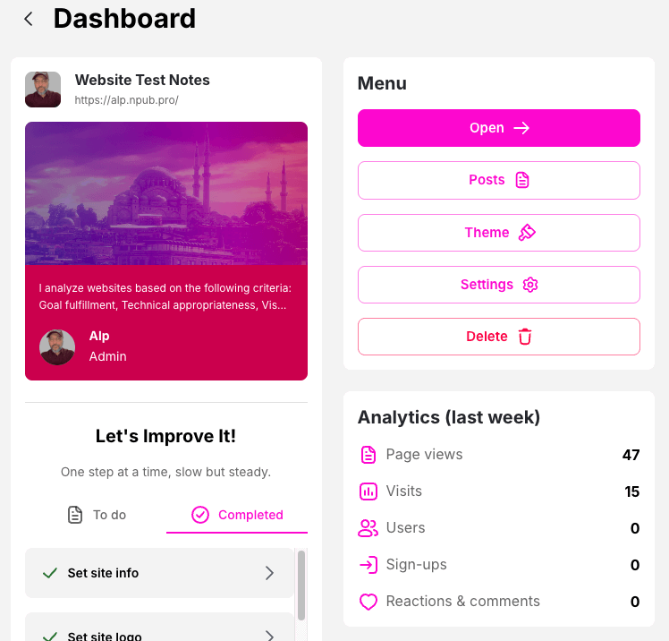 Screenshot of the npub.pro dashboard