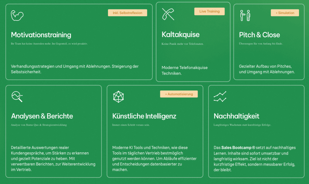 Beschreibung der Leistungen in Form von Kästen mit den besagten Bild-Icons